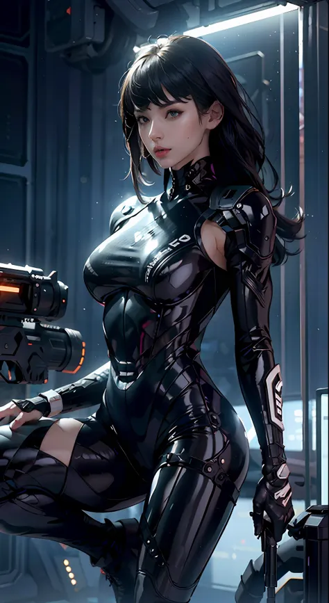 solo, super fine photo, portrait unreal engine 5 8k uhd of a girl in a skin tight futuristic black latex battle suit with white ...