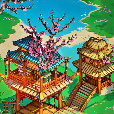 cinematic lighting，peach blossom tree, wood bridges,tree house，lawns，arcadia，farm land，peach blossoms fall，blue open sky，plenty ...