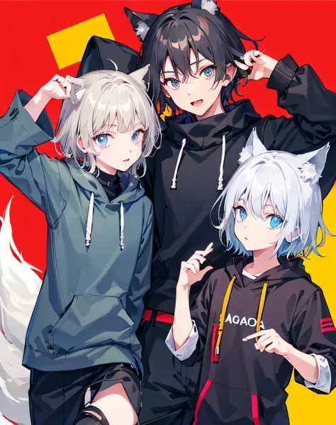 （1boys），（shota），（high-definition quality，masterpiece level），cute teen character，dark gray hair，blue colored eyes，（wolf ears），（wo...