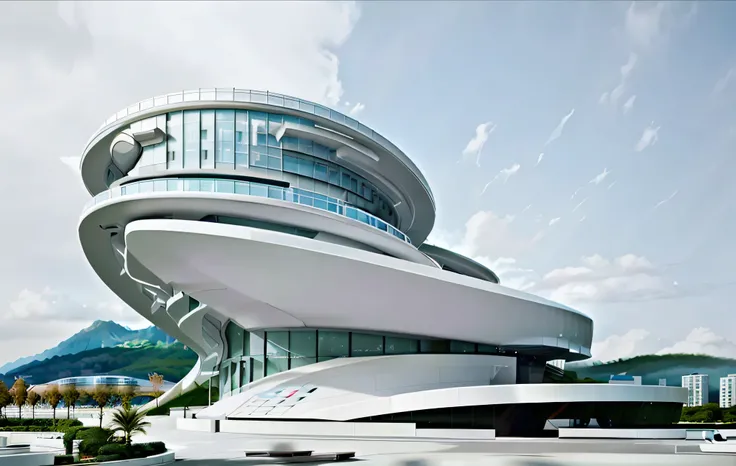 There is a large building with a circular roof on the top of the hill, author:Chass is silent, shenzhen, inspired by Zha Shibiao, futuristic palace, futuritic high tech architecture, Futuristic utopian architecture, helipad, vincent callebaut, futuritic ar...