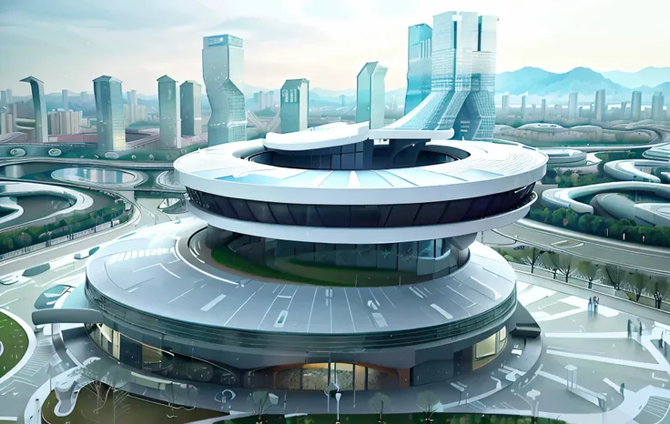 There is a large building with a circular roof on the top of the hill, author:Chass is silent, shenzhen, inspired by Zha Shibiao, futuristic palace, futuritic high tech architecture, Futuristic utopian architecture, helipad, vincent callebaut, futuritic ar...