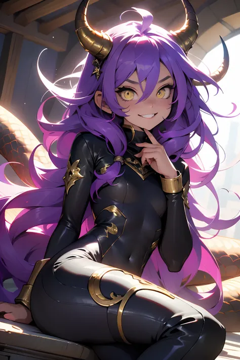 1girl, smile, fang, {dark sclera}, yellow eyes, horns, purple hair, very long hair, messy hair, flat chest, bodysuit, dragon tai...