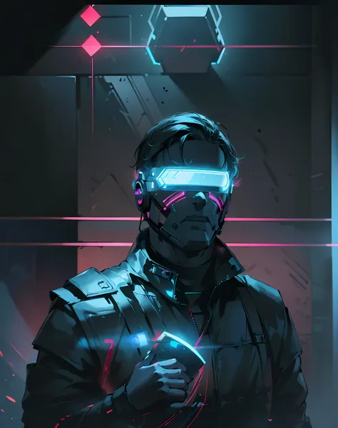 ((best quality)), ((masterpiece)), (very detailed: 1.3), dark room, neon noir, beautiful cyberpunk male, face mask, (wearing a c...