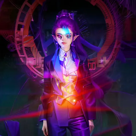 there is a 3d image of a person in a suit and tie, dapper dream demon, second life avatar, an elf in a suit, male jester, vampire of clan lasombra, female using the purple fancy suit, mall goth, evil devious male, dark purple hair and cybernetics, inspired...