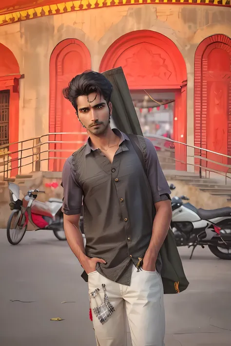 photo of an indian man, wearing a red argyle vest, green collared shirt, and black jeans,  bokeh, outdoor background, masterpiec...