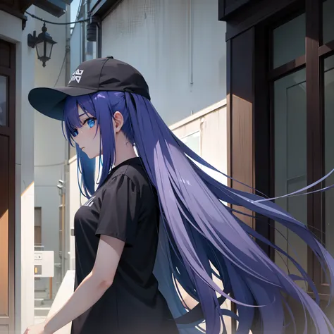 girl,long_hair,darkblue_hair,front_vision,black_hat,blue_eye,casual_clothes,upper_body,human,anime