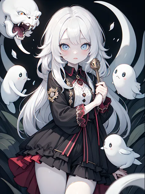 "a girl ghost with pale, paper-white skin, wild and disheveled bright white hair, and mesmerizing white eyes adorned with spiral...