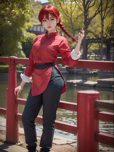 (masterpiece, best quality:1.4), (standing:1.5), (dynamic pose:1.5), 1girl, ranma-chan, (1girl), solo, blue eyes, (red hair), bangs, tangzhuang, braided ponytail, sleeves rolled up, black pants, black footwear, on a chinesse garden with sakura trees, a br...