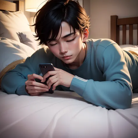 a young man lies on a high bed，playing with your phone intently。