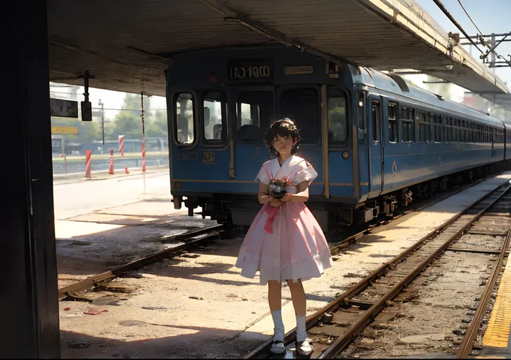 photos from the 1990s、fuji film、championship、​masterpiece、a woman in a pink dress is standing beside a train, train, alexey egor...