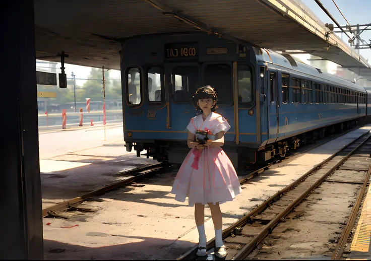 photos from the 1990s、fuji film、championship、​masterpiece、woman in pink dress standing on train, train, alexey egorov, shot on e...