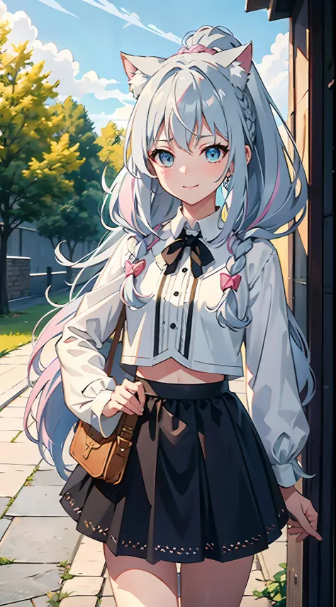 black hair, pink hair, asymmetrical hair, braid, crossed bangs, hair between eyes, very long hair, hair over shoulder, asymmetrical bangs, crystal hair, high ponytail, Twist braids, Short pleated skirt, Crop top, hair bell, Cat ear hair accessories, aqua e...
