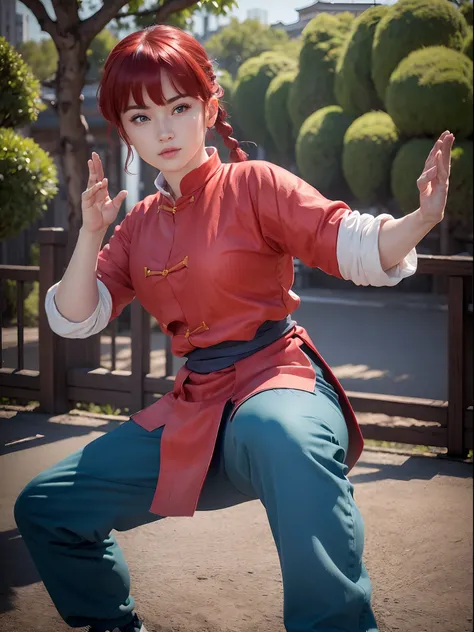 (masterpiece, best quality:1.4), (kung-fu pose:1.5), (1girl:1.5), ranma-chan, solo, blue eyes, (red hair), bangs, tangzhuang, braided ponytail, sleeves rolled up, black pants, black footwear, on a chinesse garden with sakura trees, a bridge and water, loo...