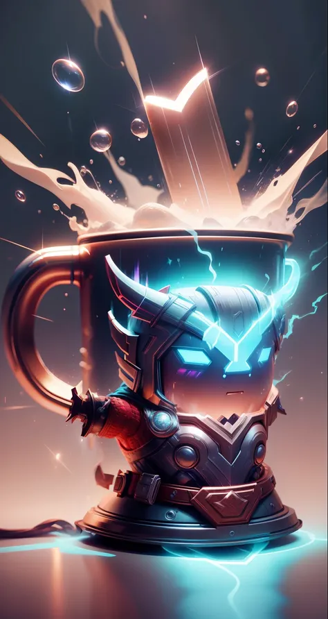 a mug design with thor costume,closer view, surrounding in magic effects,ultra stable, side view,real mug, realistic