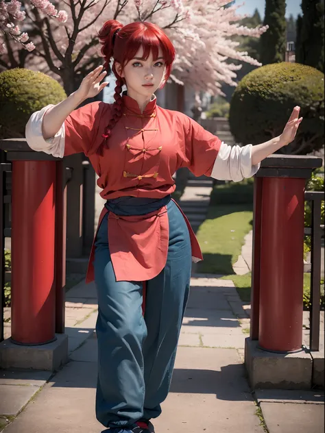 (masterpiece, best quality:1.4), (standing:1.5), (kung-fu pose:1.5), (1girl:1.5), ranma-chan, solo, blue eyes, (red hair), bangs, tangzhuang, braided ponytail, sleeves rolled up, black pants, black footwear, on a chinesse garden with sakura trees, a bridg...