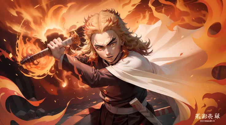 "(Kyojuro Rengoku, Demon Slayer:1.5),(fundo emocionante:1.2),(cores fortes:1.2),(4K分辨率:1.1),(8K分辨率:1.1),(fogo intenso:1.3),(chamas vibrantes:1.3), anime, cabelo vermelho alaranjado, Medium Size, personagem de anime, anime demon slayer, masculino, homem, pe...