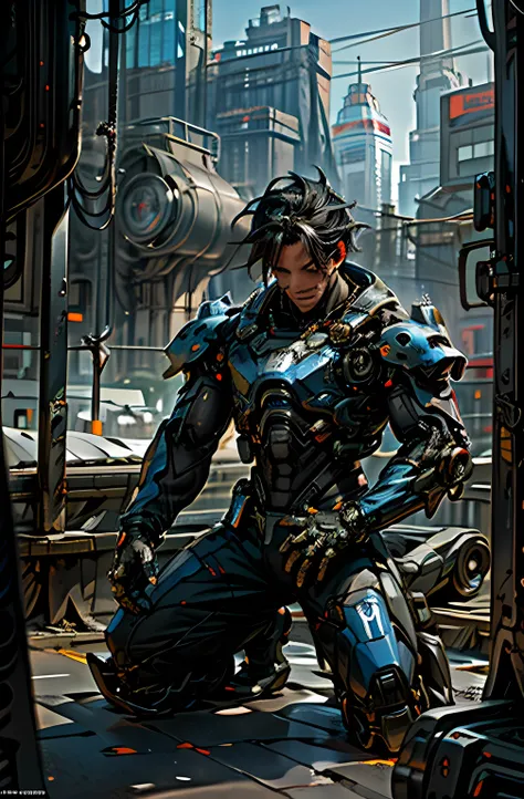 cyberpunk, (chain saw, chain saw man, blue:1.1), kneeling on roof of a car, robotic essence, reelmech, cybernetic samurai, worn-out mech suit, damaged, intricate, (rusty, damaged), elegant, clear focus, shot by greg rutkowski, soft lighting, vibrant colors...