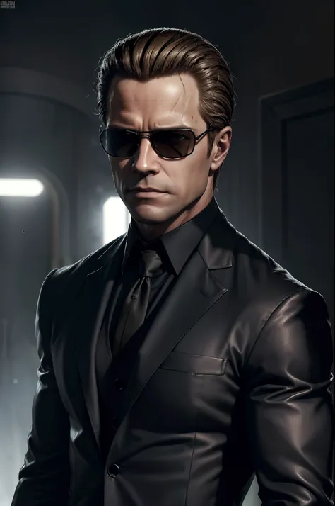 ((albert wesker)), ((corpo inteiro)), cara loiro guy pearce, in a suit with matrix-style sunglasses, em um terno preto de couro,...