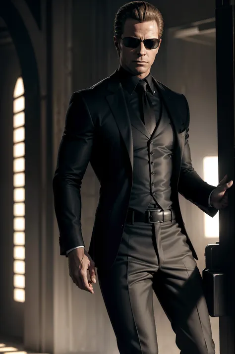 ((albert wesker)), ((corpo inteiro)), cara loiro guy pearce, in a suit with matrix-style sunglasses, em um terno preto de couro,...