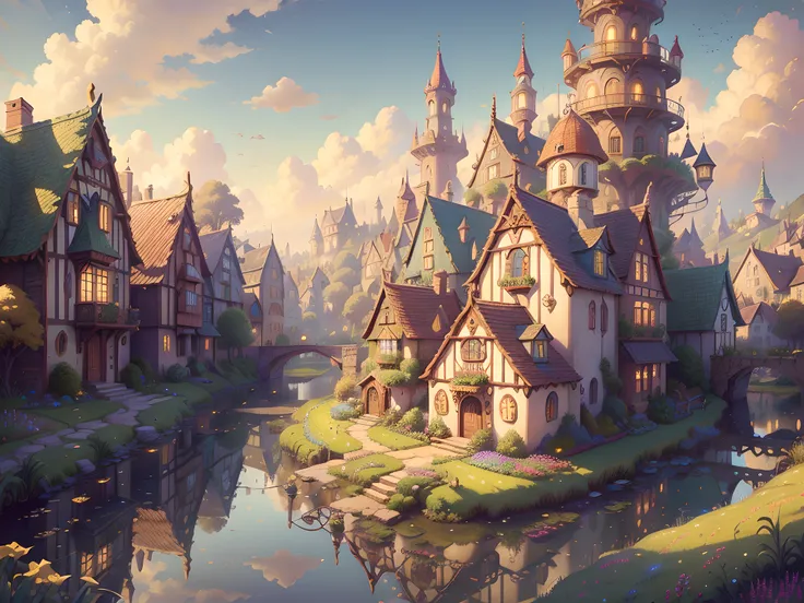 (masterpiece), (best quality), (ultra-detailed), Cozy fantasy town, magical, colorful, houses, gardens, wheat fields, highly detailed, high resolution, ray tracing reflections, 8k vibrant colors, intricate complexity, soft natural volumetric cinematic perf...
