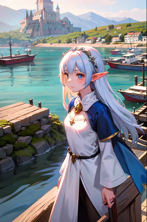 elf girl at the pier, (high fantasy, medieval:1.4), feudal society, lake town, waterfront, wooden boats, upper body, hands up