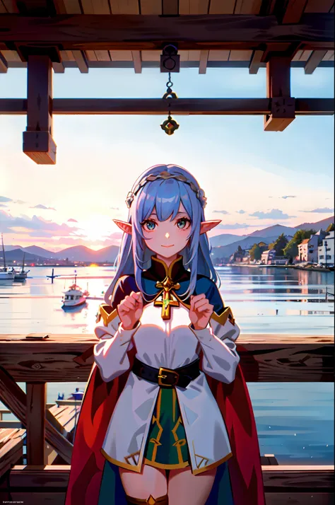 elf girl at the pier, (high fantasy, medieval:1.4), feudal society, lake town, waterfront, wooden boats, upper body, hands up