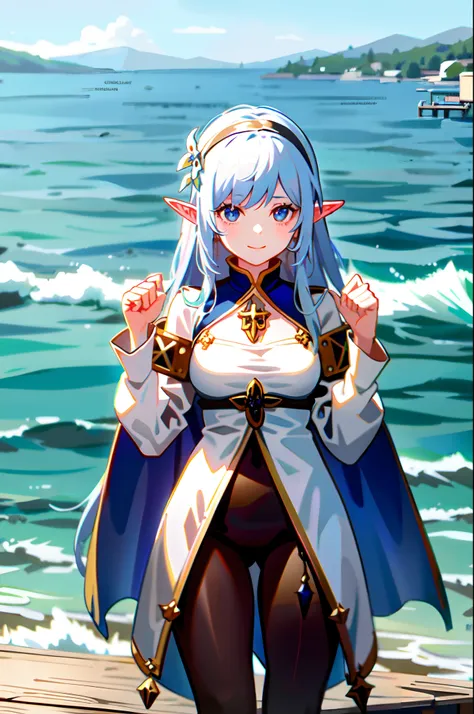 elf girl at the pier, (high fantasy, medieval:1.4), feudal society, lake town, waterfront, wooden boats, upper body, hands up