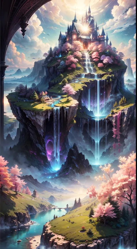 Envision a mesmerizing scene of a magnificent realm of romantic dreams. The environment is filled with intricate floating islands, fluffy clouds, waterfalls cascading from the floating islands, and a vibrant, surreal atmosphere. The atmosphere is filled wi...