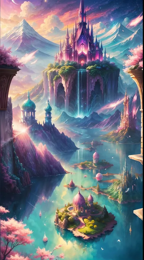 Envision a mesmerizing scene of a magnificent realm of romantic dreams. The environment is filled with intricate floating islands, fluffy clouds, waterfalls cascading from the floating islands, and a vibrant, surreal atmosphere. The atmosphere is filled wi...