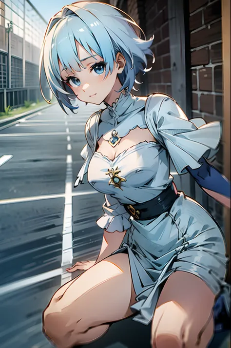 anime girl with white short hair and blue eyes, wearing medieval white dress, stay on the road medieval, daybreak, perfect face,...