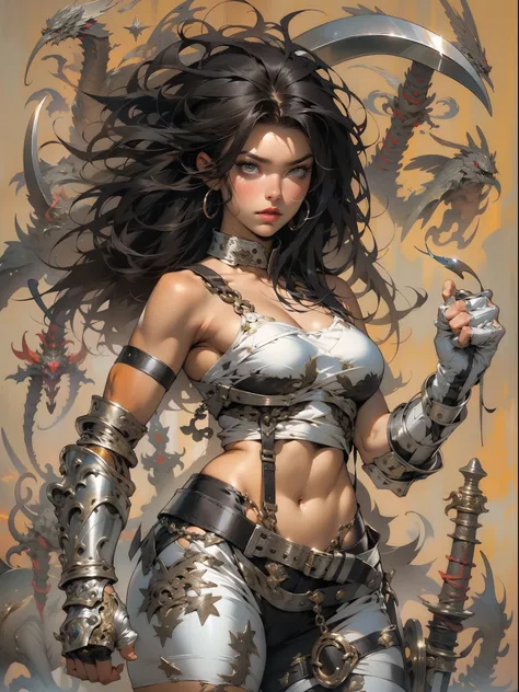 close de uma guerreira mulher de 35 anos musculosa quase nua no estilo simon bisley para a capa da revista heavy metal, cabelo m...