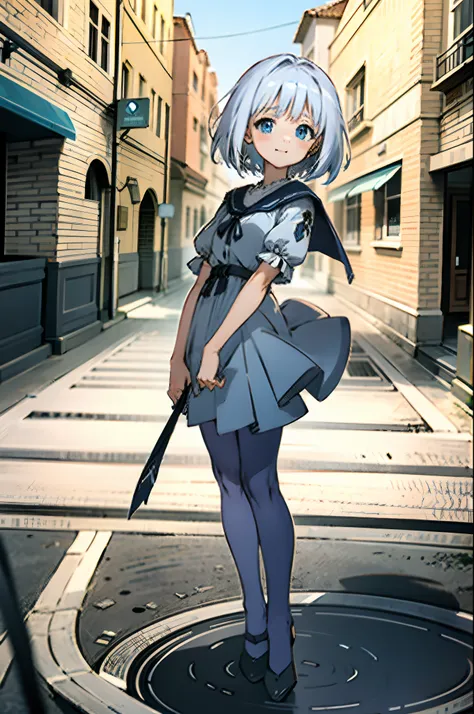 anime girl with white short hair and blue eyes, wearing short medieval white dress, stay on the road medieval city, old town, pe...