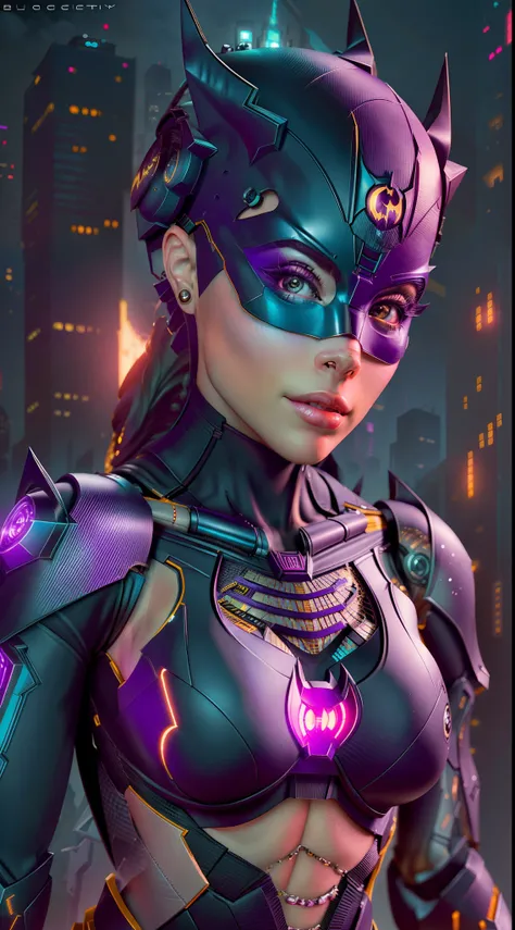 Batgirl from DC photography, biomechanical, complex robot, full growth, hyperrealistic, insane small details, extremely clean lines, cyberpunk aesthetic, masterpiece featured on Zbrush Central