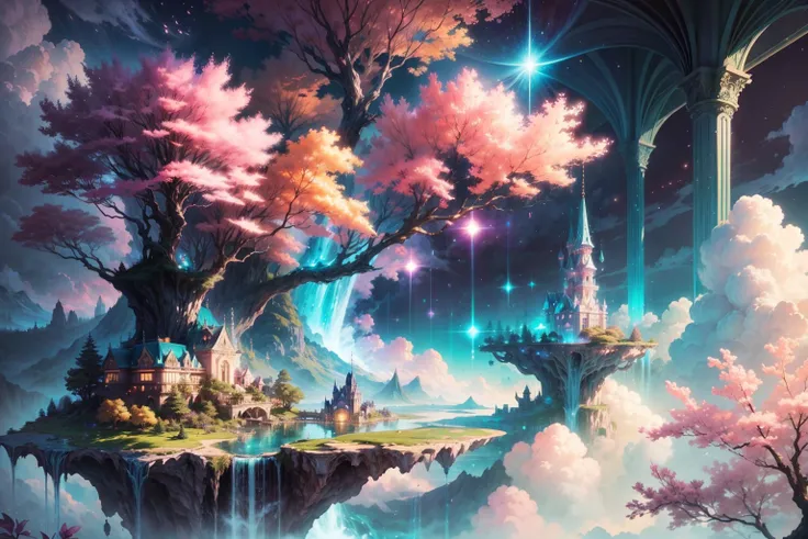 Envision a mesmerizing scene of a magnificent realm of romantic dreams. The environment is filled with intricate floating islands, fluffy clouds, waterfalls cascading from the floating islands, and a vibrant, surreal atmosphere. The atmosphere is filled wi...