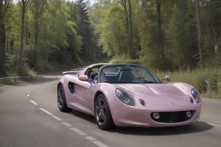 gorgeously rendered 4k high-definition nighttime photograph of a hyper-realistic light purple 99elise speeding through a narrow ...