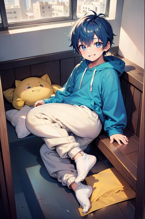 masterpiece, chubby little boy with blue hair and shiny bright gold colored eyes and small socks wearing a hoodie, and oversized...