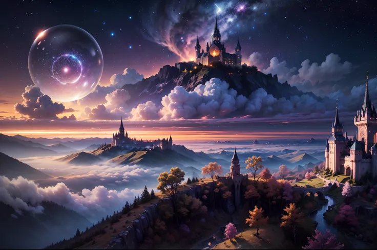 generate a realistic (nighttime) fantasy landscape with beautiful, ornate romantic buildings, floating islands, crystalline wate...