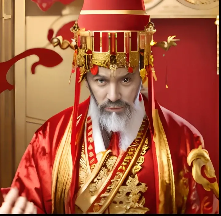 man in red and gold costume、palatial palace