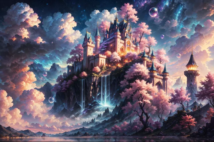 Generate a realistic fantasy landscape with beautiful, ornate romantic buildings, floating islands, crystalline waterfalls streaming from the floating islands, and a dreamy landscape of highly detailed flowers and dreamy watercolors. This is the (((romanti...