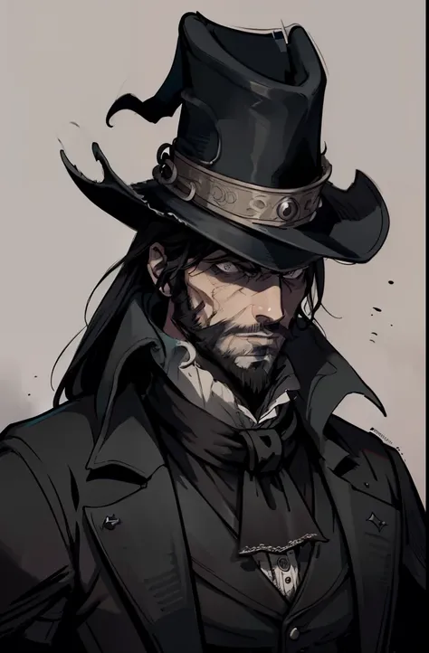 bloodborne huntsman with beard and deep sad eyes standing in yharnam, wearing a top-hat, black and white palette, eerie and grim...