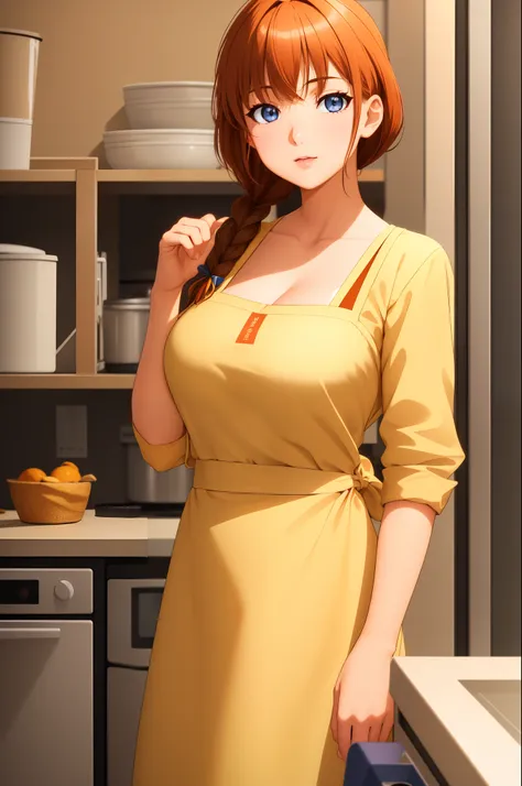 indoors, in a kitchen,
standing on the floor,
apron, collarbone, (yellow_shirt),
bangs, brown hair, blue eyes,single braid, oran...