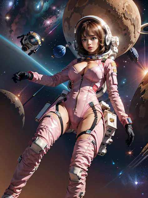 a 15 years old cute girl wears sexy pink astrosuit with helmet,(floating in a space background:1.2):1.5,masterpiece, best quality, (cinematic lighting), good hand,finely detailed suit, sharp focus,slim body,big breasts,sharp face