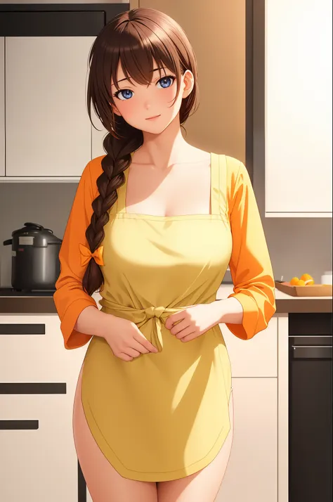 indoors, in a kitchen,
standing on the floor,
apron, collarbone, (yellow_shirt),
bangs, brown hair, blue eyes,single braid, oran...