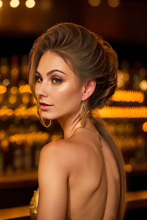 portrait photo of beautiful woman hair updo upsweep nightclub sitting at bar (masterpiece) (best quality) (detailed) (8k) (hdr) ...