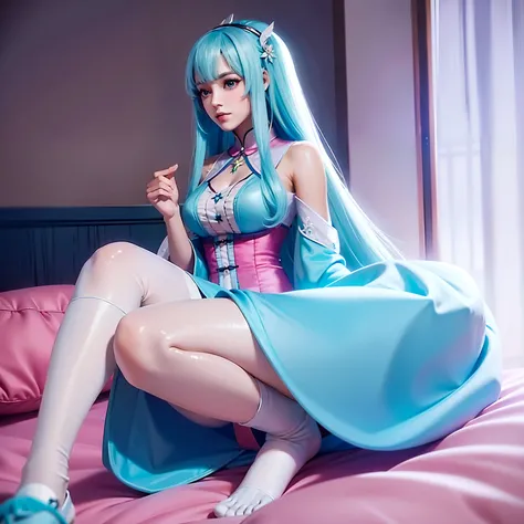 A costume pajamas wore,Peerless looks,Anime goddess,shift dresses,Jade foot,Long pink and blue hair,blue color eyes,period costume,onbed