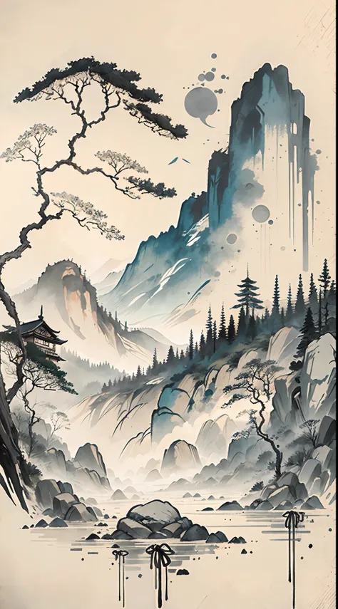 (masterpiece, best quality: 1.2), (no_humans), mountains in the distance, traditional chinese ink painting, houses, tombstones, ...