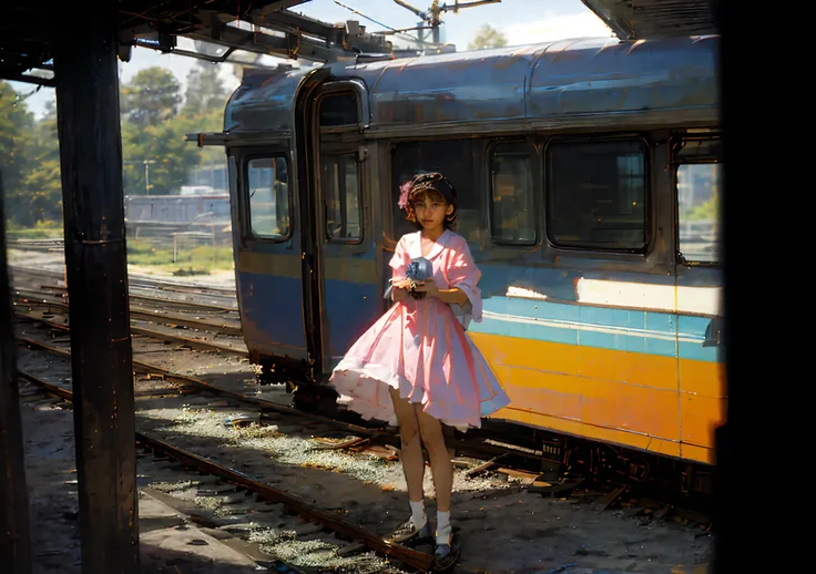 photos from the 1990s、fuji film、championship、​masterpiece、woman in pink dress standing on train, train, alexey egorov, shot on e...