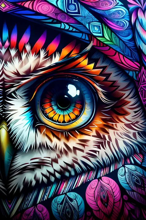 ( owl with very detailed eyes in observation ),  eduardo kobra acolchoamento ,multidimensional geometric wall portrait, arte, ch...