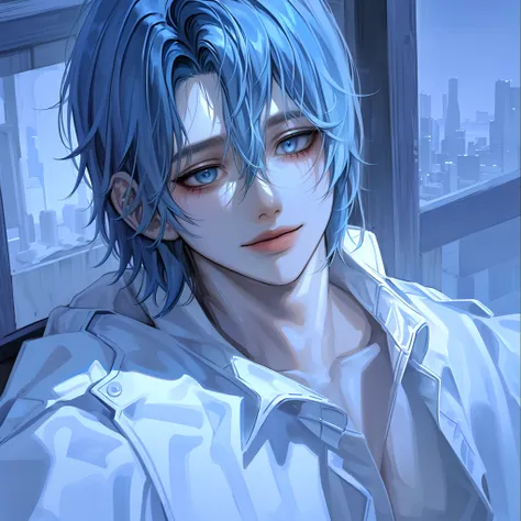 (absurdres, highres, ultra detailed),(masterpiece, best quality:1.2),1boy,spiky messy hair,blue hair,deep blue eyes, extremely d...