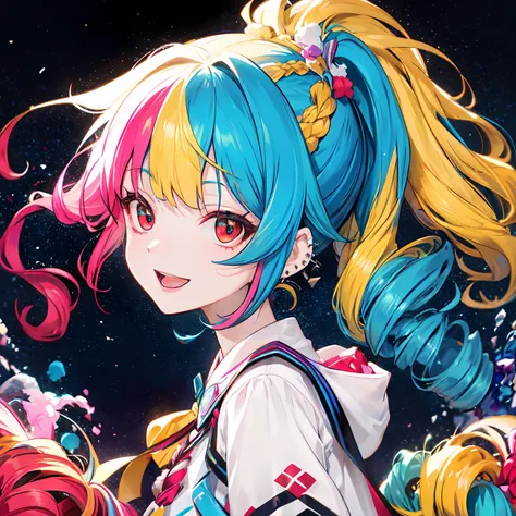 from side,solo,(ponytail:1.2),drill hair,two side up,afro,dreadlocks,hime cut,twintails,braid,(hair bun:0.7),(wavy multicolor ha...